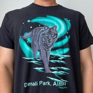 Vintage 2000s Denali Park Alaska Wolf Graphics Black T-Shirt